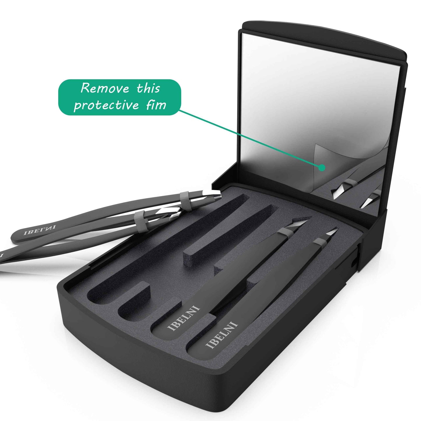 Tweezers Set with Mirror Case - Tweezers for Women facial hair-Professional Twizzers Facial Hair Tweezers for Eyebrows- Stainless Steel Tweezer kit with mirror compact (Black)