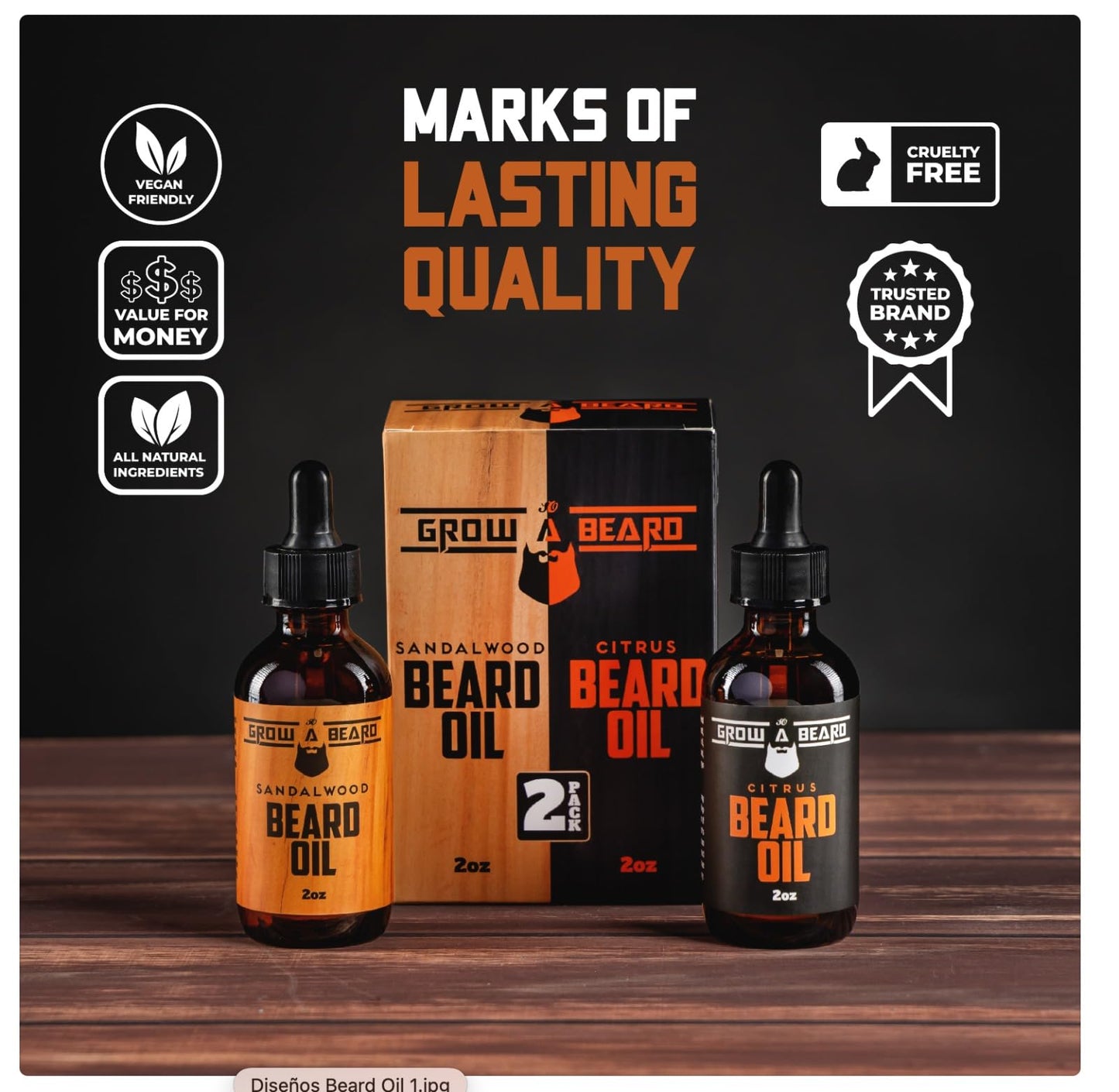 Beard Oil For Men, Beard Growth Oil, Beard Care, Best Beard Oil, All Natural, Sandalwood & Citrus Scent, Mens Gifts (2 Pack Of 2 oz)