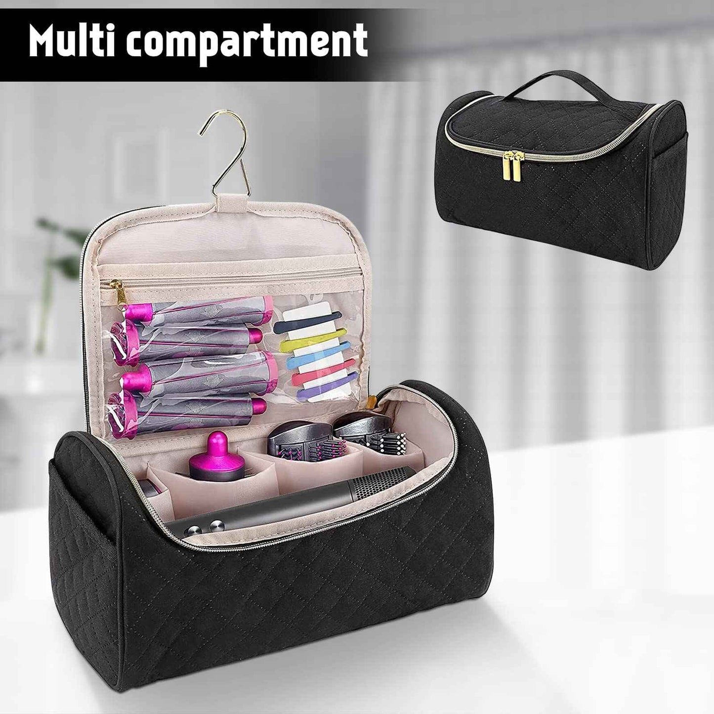 FRMARCH Travel Storage Bag Compatible with Dyson Airwrap Styler, Portable Travel Organizer with Clips for Airwrap Hair Styler Case and Attachments, Cosmetic Travel Cases with Hanging Hook, Black