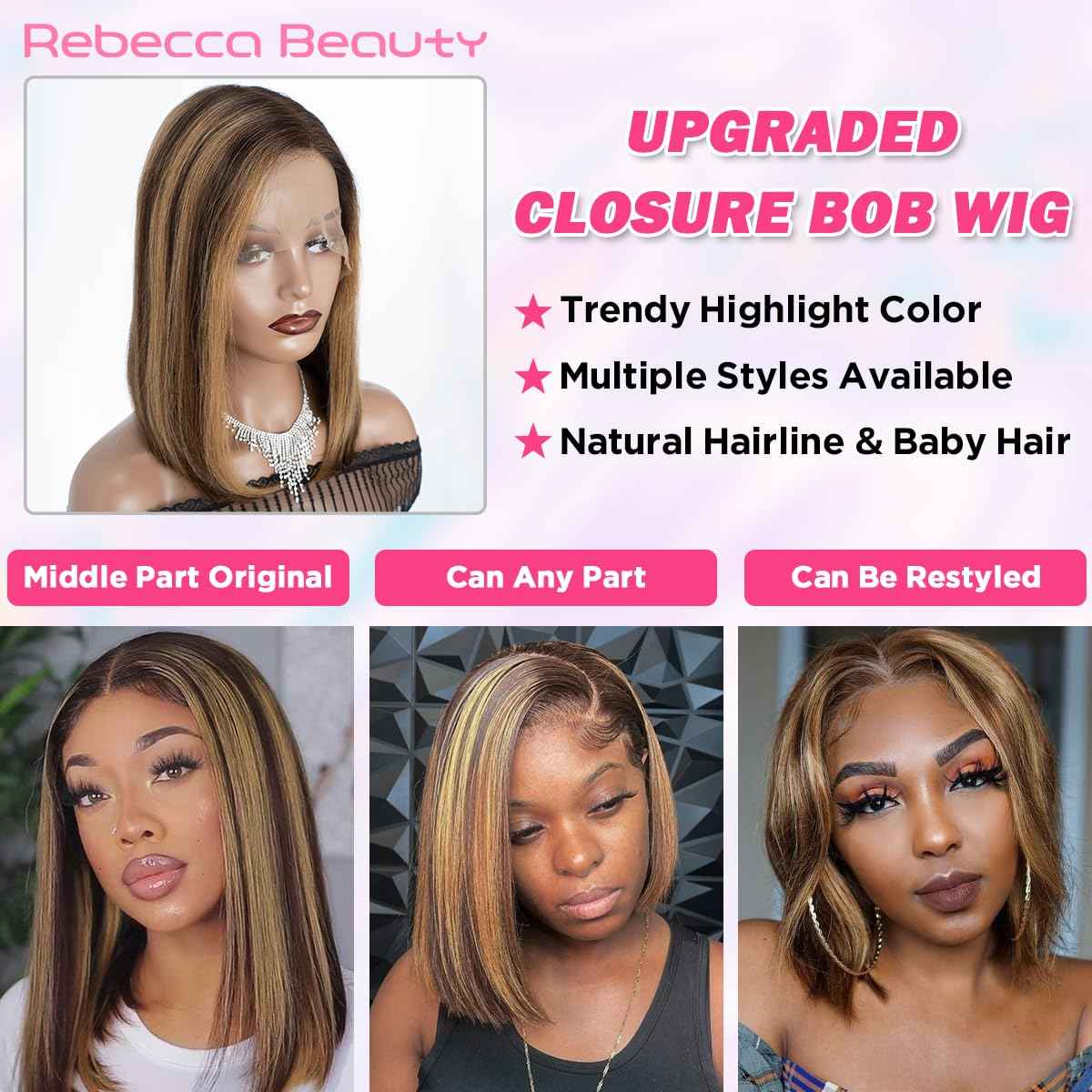 Rebecca Beauty Highlight Ombre Bob Lace Front Wigs Human Hair Upgraded 4x4 Closure Bob Wig 12 Inch Pre Plucked Short Straight Bob Wig for Black Women (Color TTPI4/27)