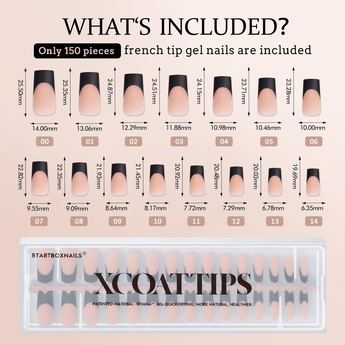 btartboxnails XCOATTIPS French Tip Nails - Long Press on Nails, Square Nail Tips Black, Halloween Press on Nails, Soft Gel False Nail Tips, Soak Off Acrylic Fake Nails