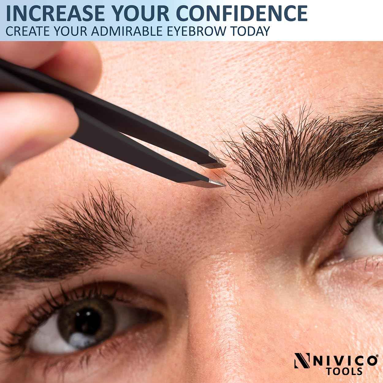 NIVICO Tweezers Set with Leather Pouch – Professional Stainless Steel Tweezers for Eyebrows Precision Facial Ingrown Hair Removal (Black)