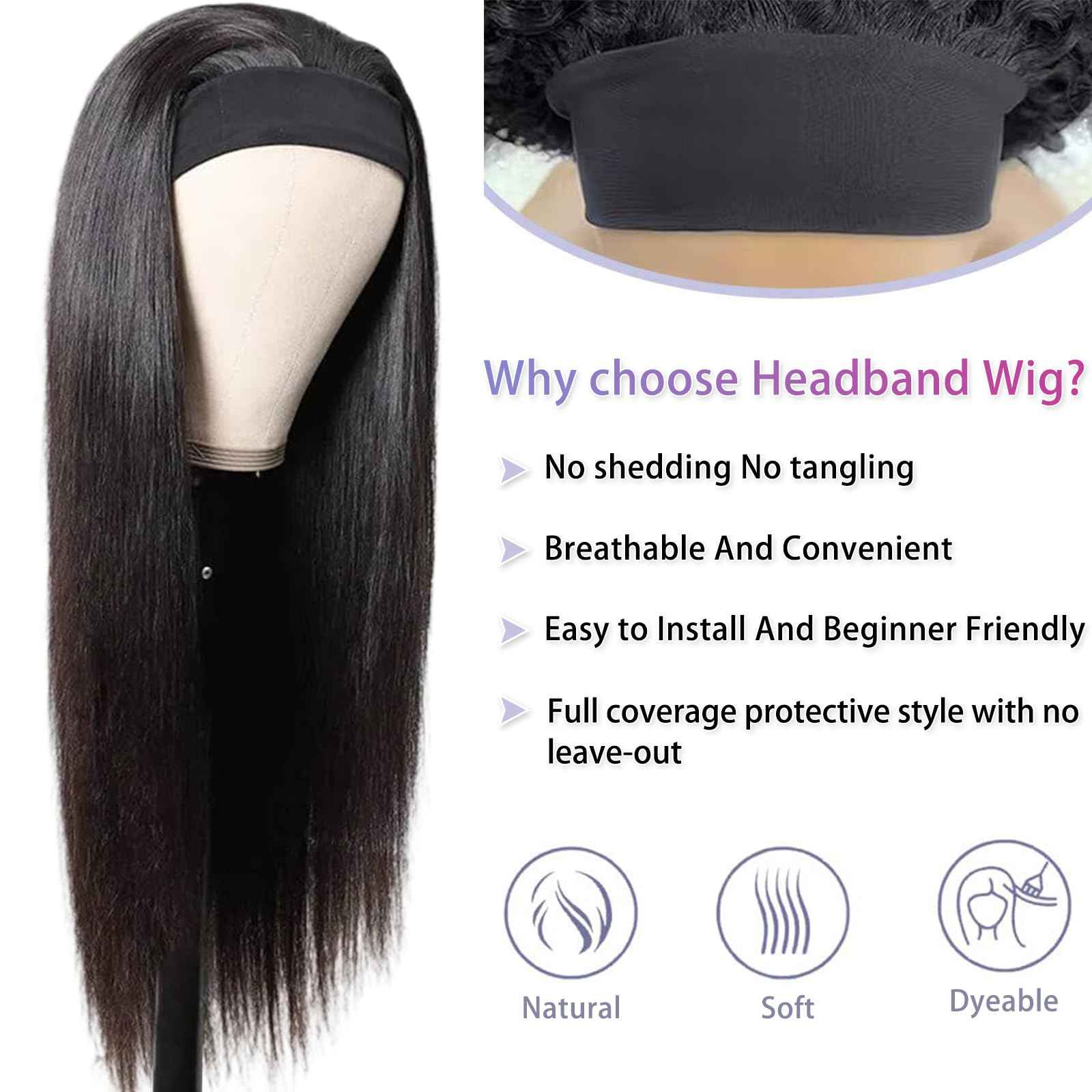 Headband Wig Human Hair Straight Virgin Brazilian Machine Made Wigs None Lace Front Wigs Glueless Human Hair Wig for Black Women 150% Density Natural Color 16 Inch