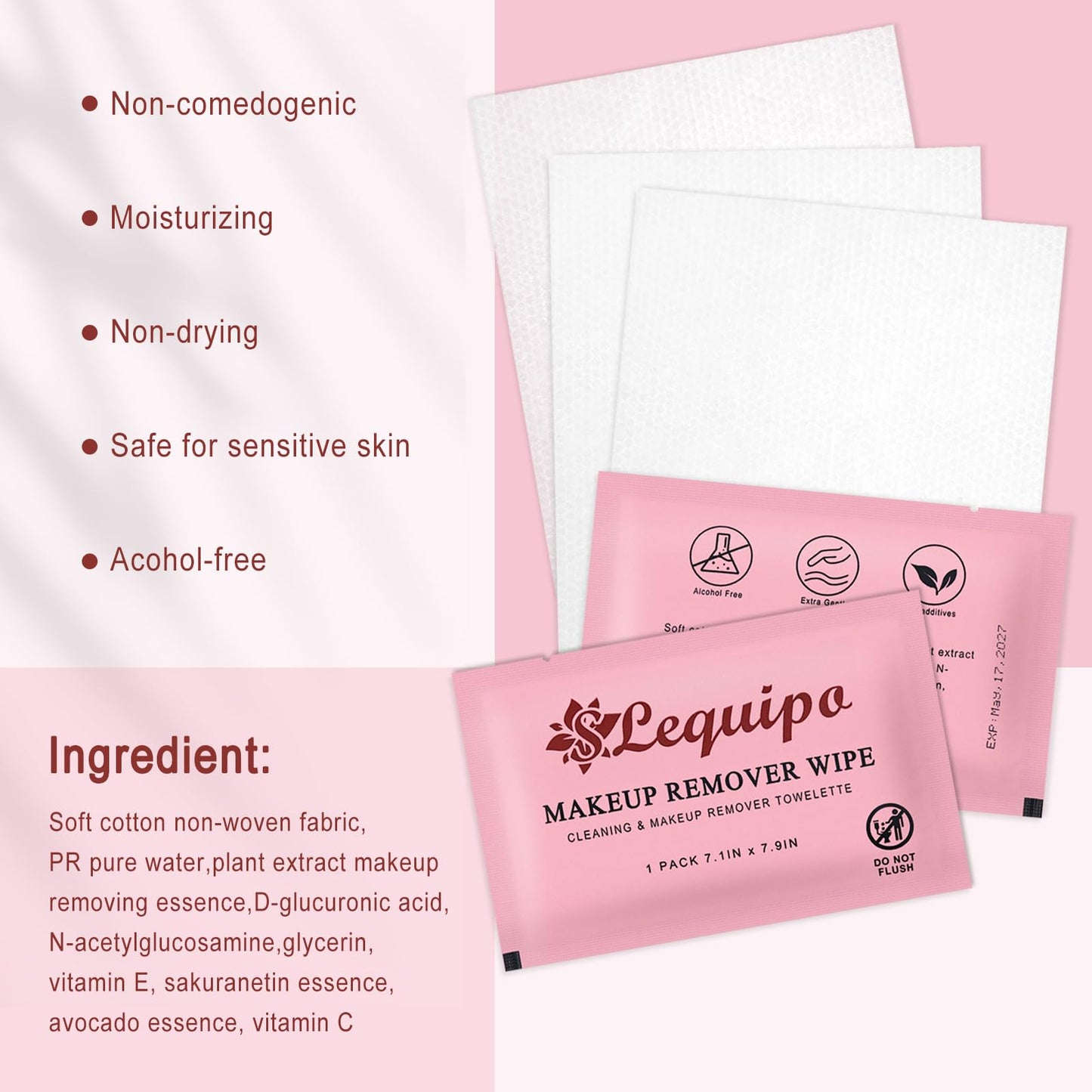 SLequipo 100 pcs Makeup Remover Wipes Individually Wrapped, Bulk Single Makeup Remover Wipe Travel Makeup Remover Cloth for Face (PINK)