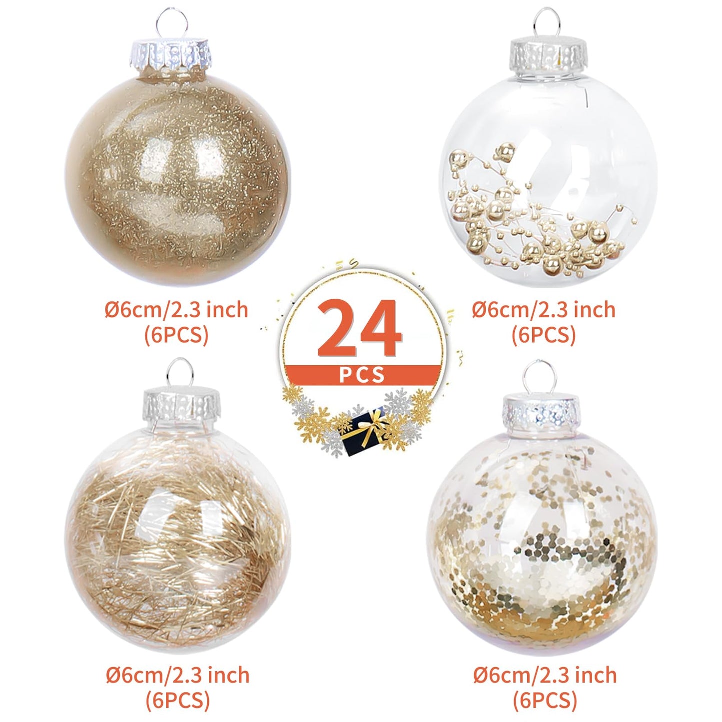 Bloss Christmas Balls Ornaments 24 PCS, Shatterproof Champagne Plastic Ornaments Ball Christmas Decorations for Tree Xmas Party Wreath Garlands - 2.36 Inch Diameter