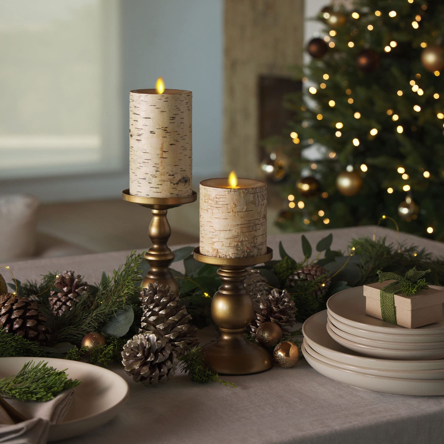 Luminara Flameless Candle Pillar Wrapped with Real Birch Bark - Moving Flame LED Battery Operated Lights - Unscented - Remote Sold Separately (3.5 x 4.5-inch)