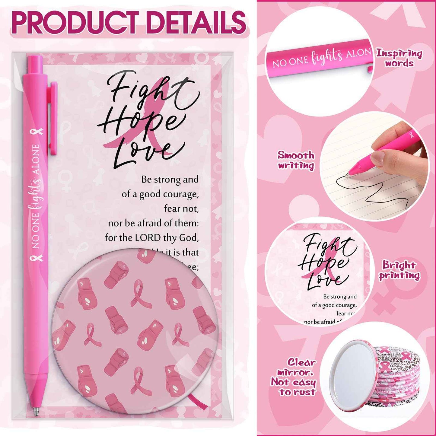 Pinkunn 75 Sets Breast Cancer Awareness Accessories Bulk Breast Cancer Gift for Women Compact Mirrors with Pink Ribbon Boxing Glove Design, Ballpoint Pens, Motivational Cards Charity Party Favors