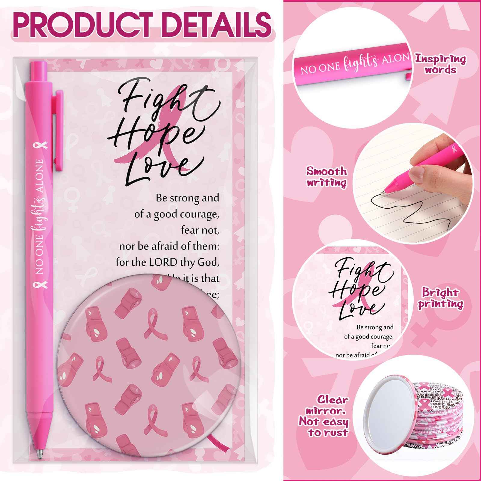 Pinkunn 75 Sets Breast Cancer Awareness Accessories Bulk Breast Cancer Gift for Women Compact Mirrors with Pink Ribbon Boxing Glove Design, Ballpoint Pens, Motivational Cards Charity Party Favors