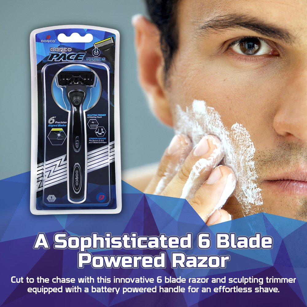 Dorco Pace 6 Plus Power - Six Blade Power Razor System with Trimmer (9 Cartridges + 1 Handle)