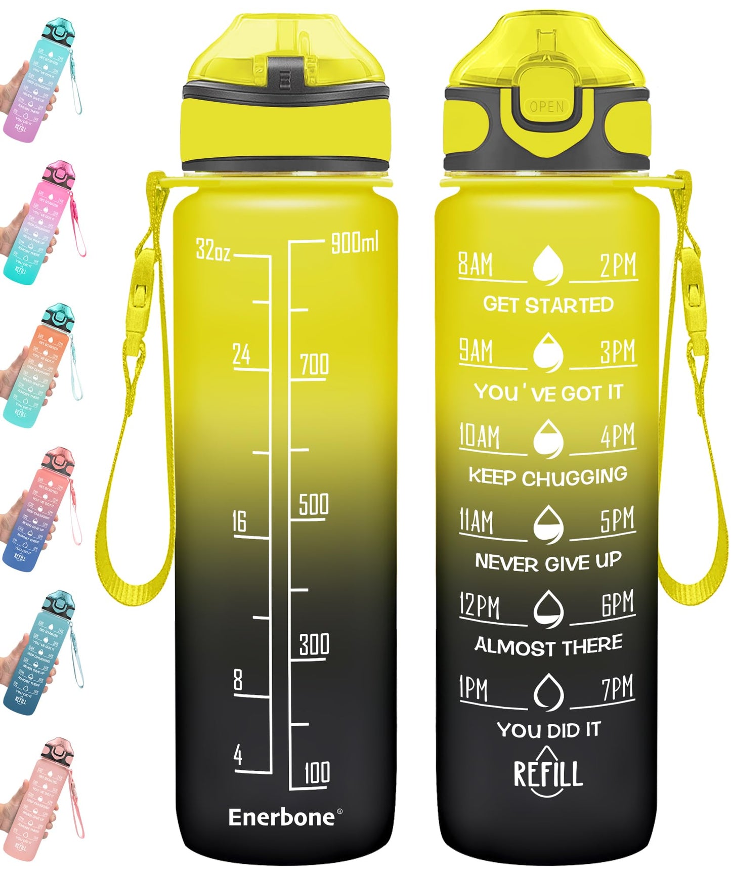 Enerbone 32 oz Drinking Water Bottle with Times to Drink and Straw, Motivational with Carrying Strap, Leakproof BPA & Toxic Free, Ensure You Drink Enough Water for Fitness Gym Outdoor