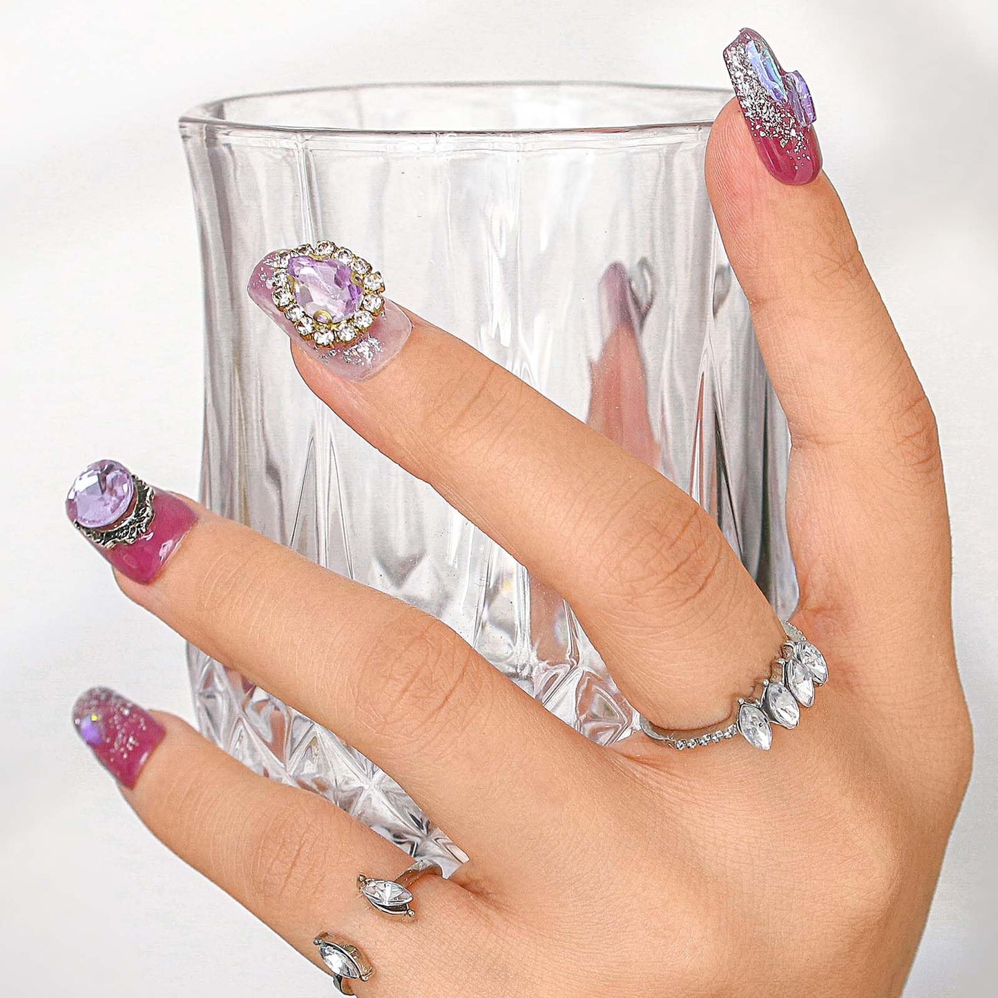 Sethexy Luxury Purple Rhinestone Handmade Fake Nail 3D Crystal Medium Coffin False Nails Aurora Glitter Press on Nail Salon Nails Metallic for Women and Girls 10PCS(E)