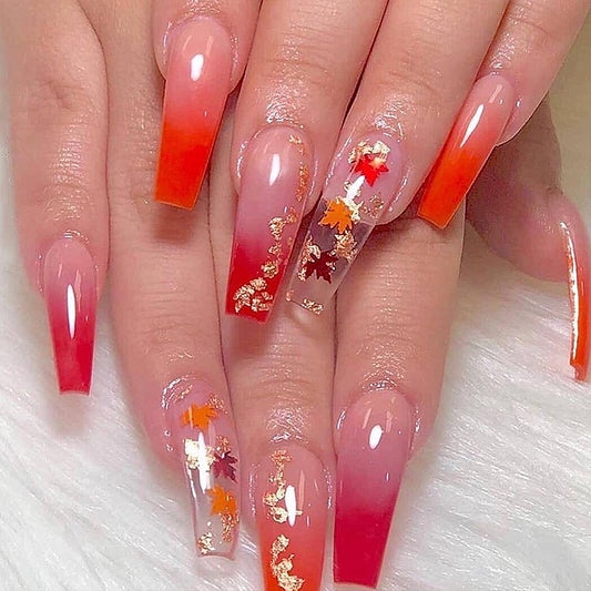 Fall Maple Leaves Press on Nails Long Coffin Fake Nails Red Gradient False Nails with Gold Foil Designs Glue on Nails Acrylic Nails Autumn Thanksgiving for Women and Girls 24 PCS Manicure