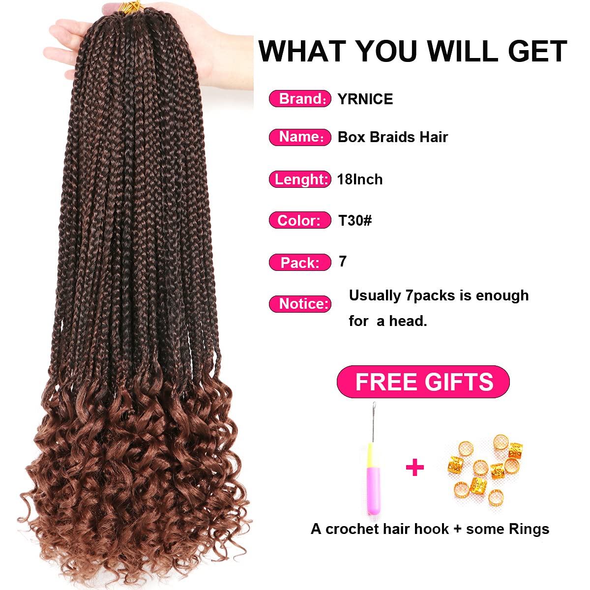 7 Packs Goddess Box Braids Crochet Hair 18 Inch Crochet Braids with Curly Ends Bohemian Crochet Hair Hair for Black Women (18 Inch 7 Packs, T30#)