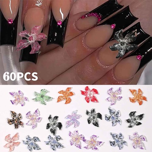 COOSLIM 60PCS Flower Nail Art Charms 3D Hawaii Flowers Nail Rhinestones Colorful Flower Nail Diamonds Hibiscus Floral Nail Gems Summer Nail Jewelry Tiny Flowers Nail Design for Women Nail Supplies