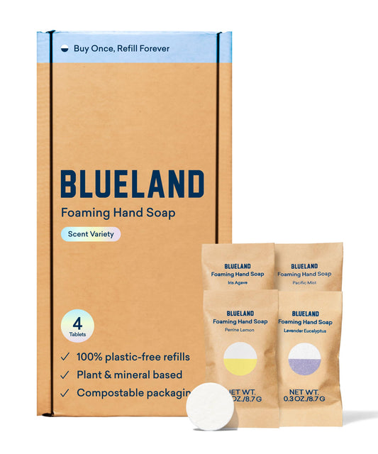 BLUELAND Foaming Hand Soap Tablet Refills - 4 Pack | Eco Friendly Products & Cleaning Supplies | Variety Pack Scents | Makes 4 x 9 Fl oz bottles (36 Fl oz total)