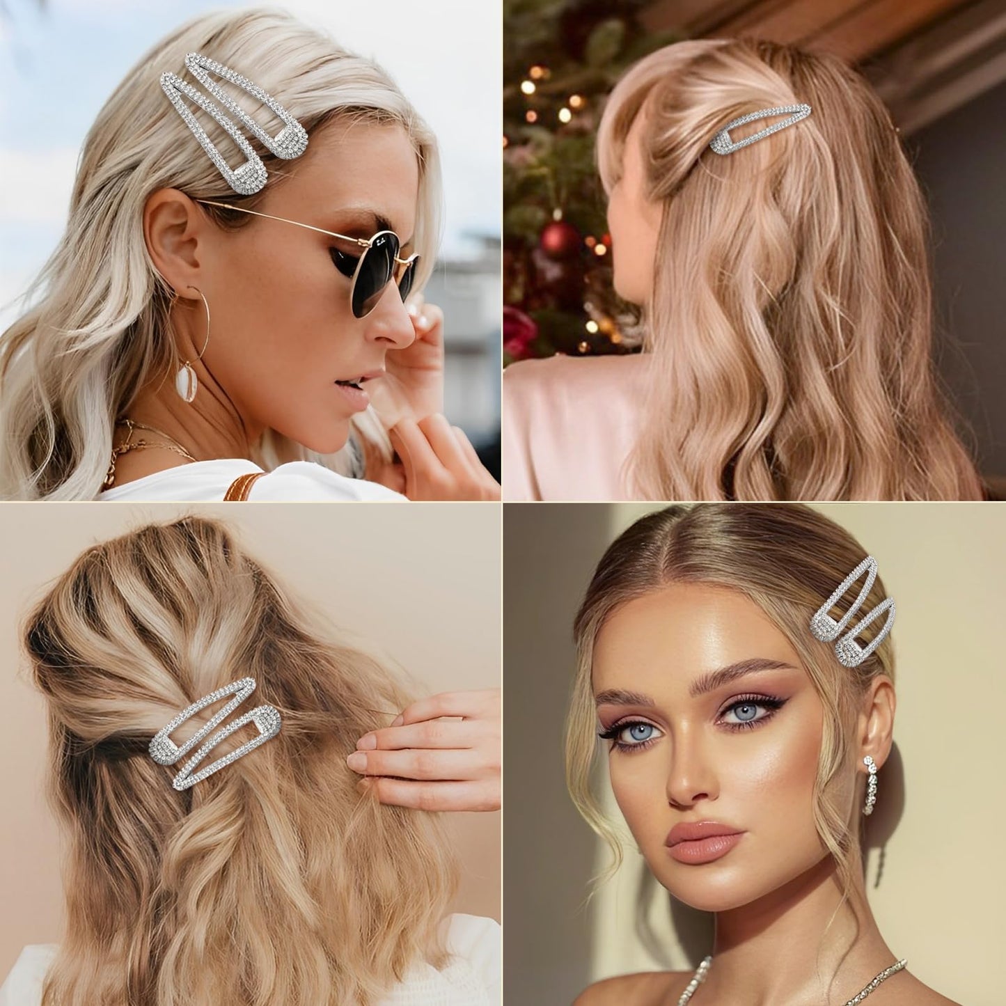 FULZTEY 4 Pcs Silver Rhinestone Hair Clips for Women Girls Metal Snap Hairpins Bling Crystal Hair Barrettes Glitter Diamond Barrettes Duckbill Side Hair Clip Decorative Makeup Hair Accessories