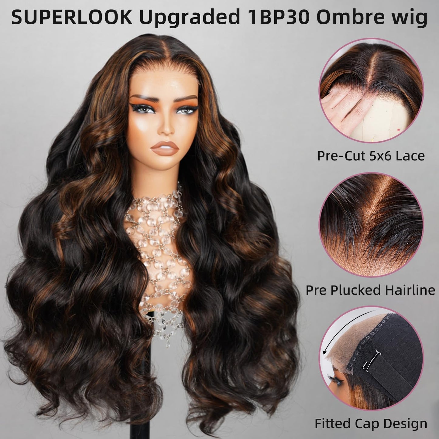 SUPERLOOK Wear and Go Glueless Wig Pre Plucked 12A 220% Density Highlight Lace Front Wig Human Hair 6x5 Pre Cut Ombre Lace Front Wigs Human Hair Bleached Tiny Knots（24Inch,1BP30 Body Wave Wigs）