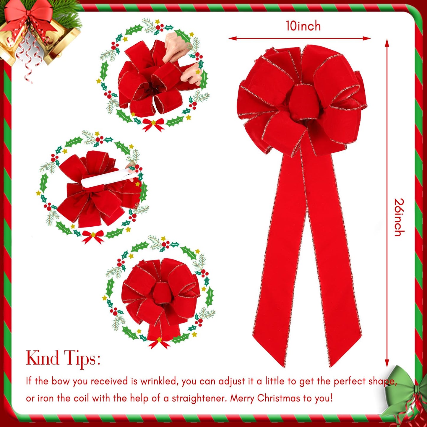 Kigeli Large Christmas Bow 10"x 26" Handmade Big Red Velvet Ribbon Outside Christmas Wreath Bow Christmas Tree Topper Ornament Bow for Indoor Outdoor Xmas Home Cabinet Decoration(24 Pcs)