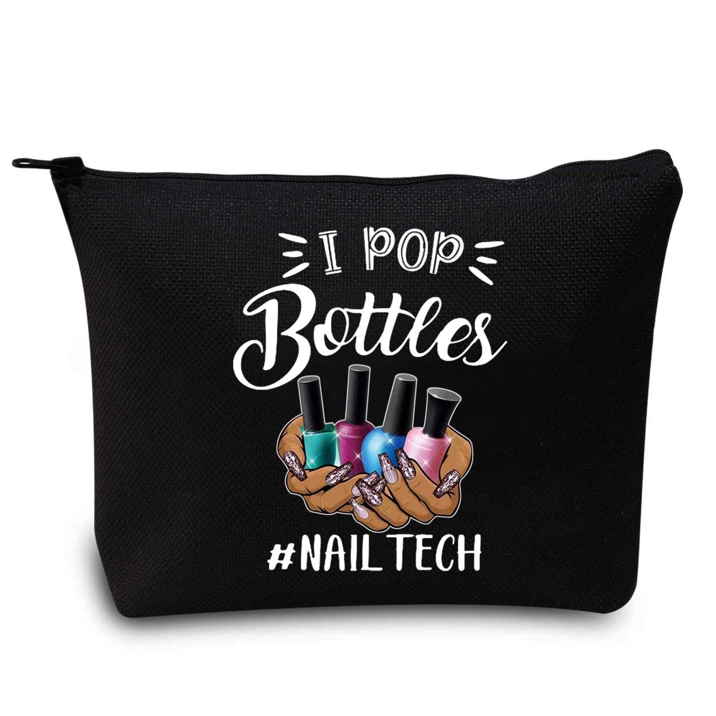 LEVLO Nail Technician Cosmetic Bag Manicurist Nail Tech Gift I Pop Bottles Nail Tech Make up Zipper Pouch Bag Nail Artist Gift (I Pop Bottles Black)
