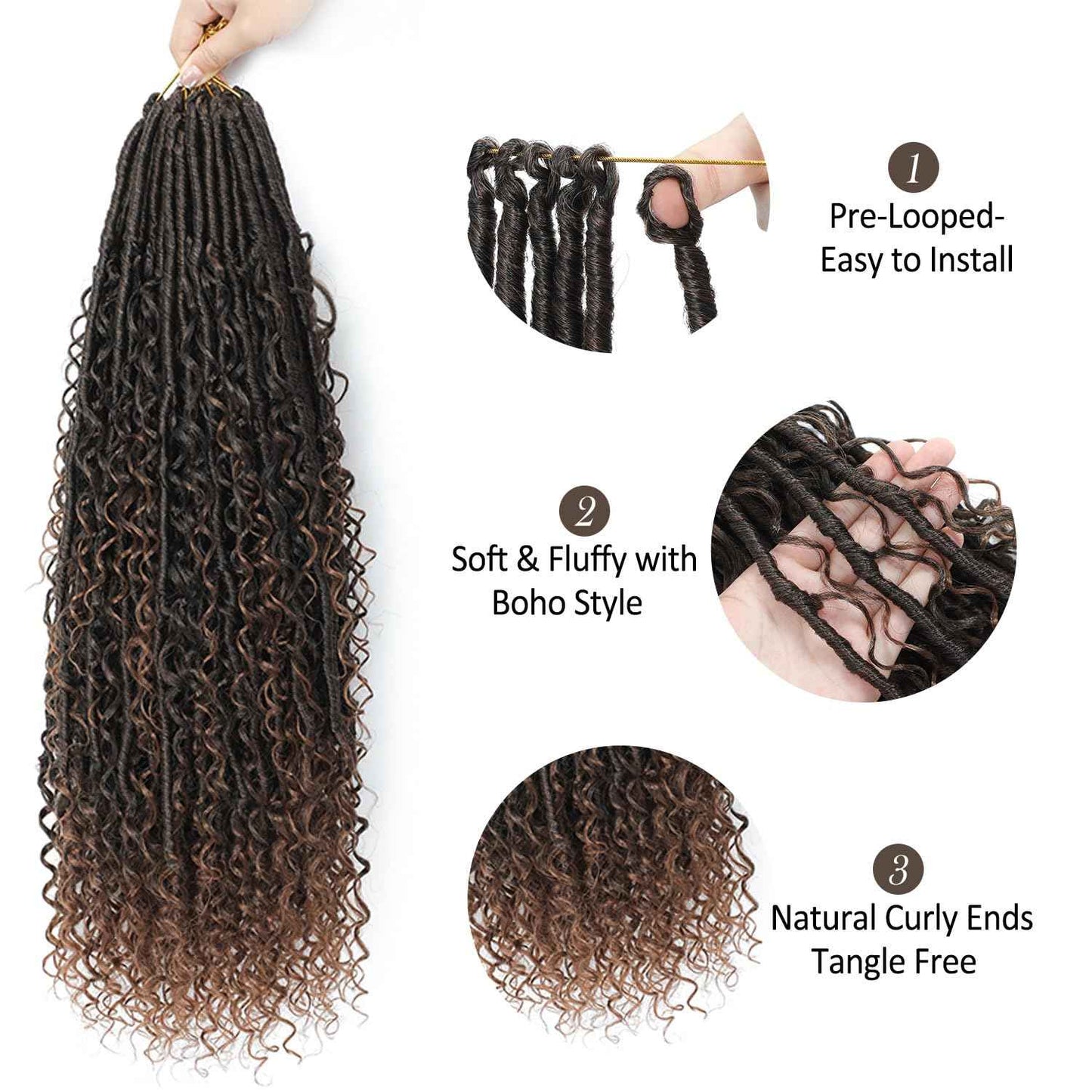 9 packs Boho Faux Locs Crochet Hair, 24 Inch, Ombre Medium Dark Brown Pre Looped Goddess Soft Locs Crochet Hair with Curly Ends, Bohemian River Locs for Black Women(T1B/30#, 24 Inch)