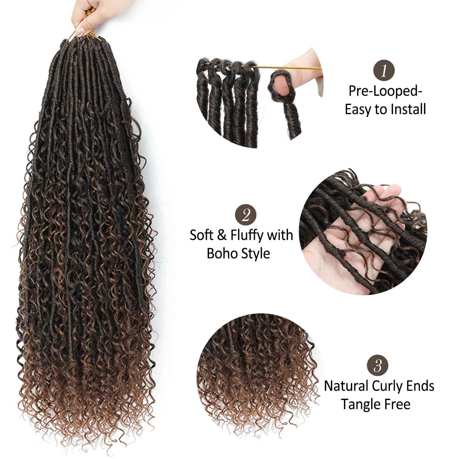 9 packs Boho Faux Locs Crochet Hair, 24 Inch, Ombre Medium Dark Brown Pre Looped Goddess Soft Locs Crochet Hair with Curly Ends, Bohemian River Locs for Black Women(T1B/30#, 24 Inch)