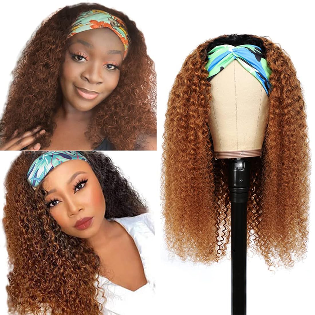 muaowig 1B/30 Curly Wave Headband Wig Ombre Brown Human Hair Wigs For Women Tow Tone Hair Wig Unprossed Virgin Hair No Lace Headband Wig 18 Inch