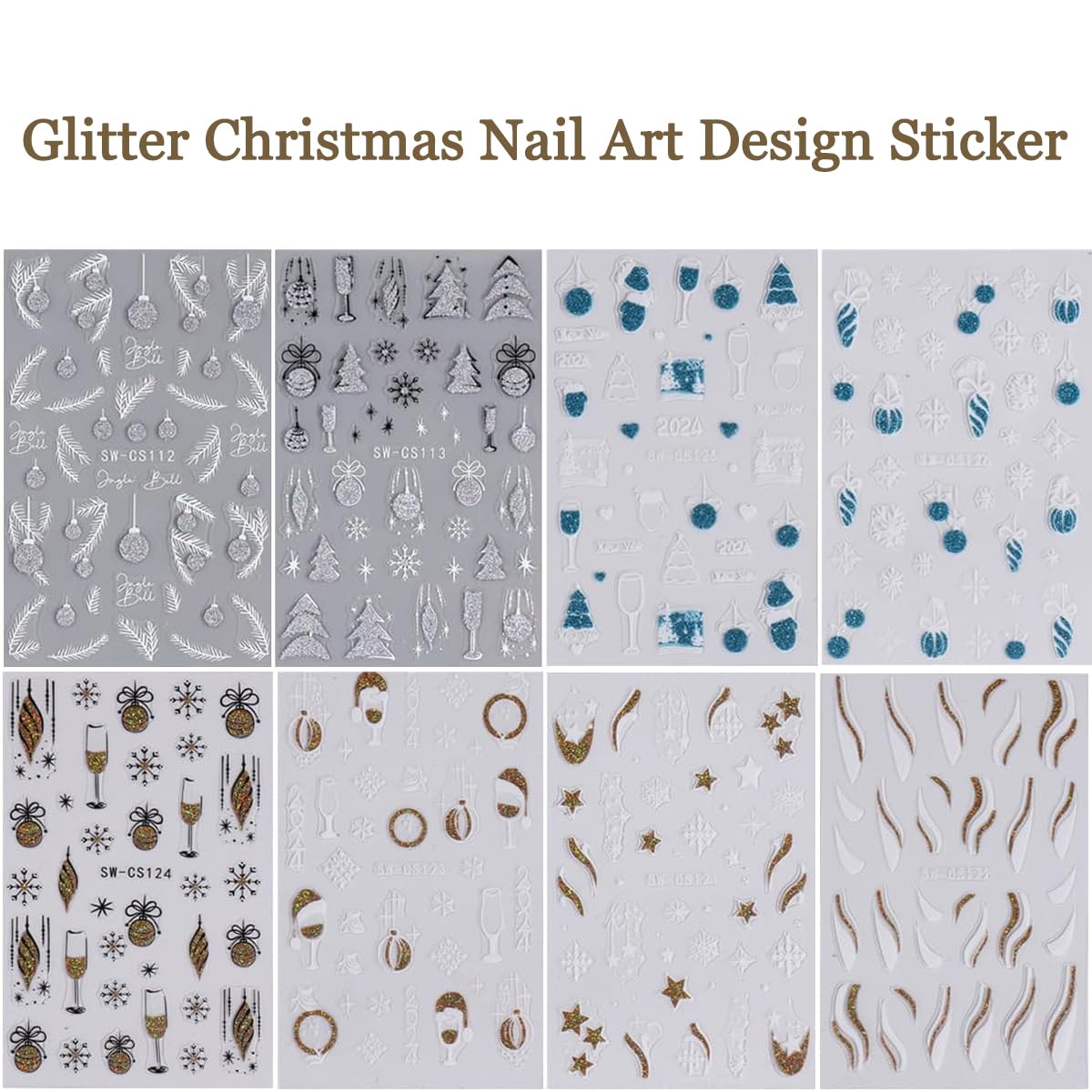 Christmas Nail Art Stickers 3D Winter Snowflake Nail Decals Self-Adhesive Gold Line Snow Ball Nail Design Charm DIY Christmas Nails Decorations French Holiday Nail Stickers for Women Girls 8 Sheets