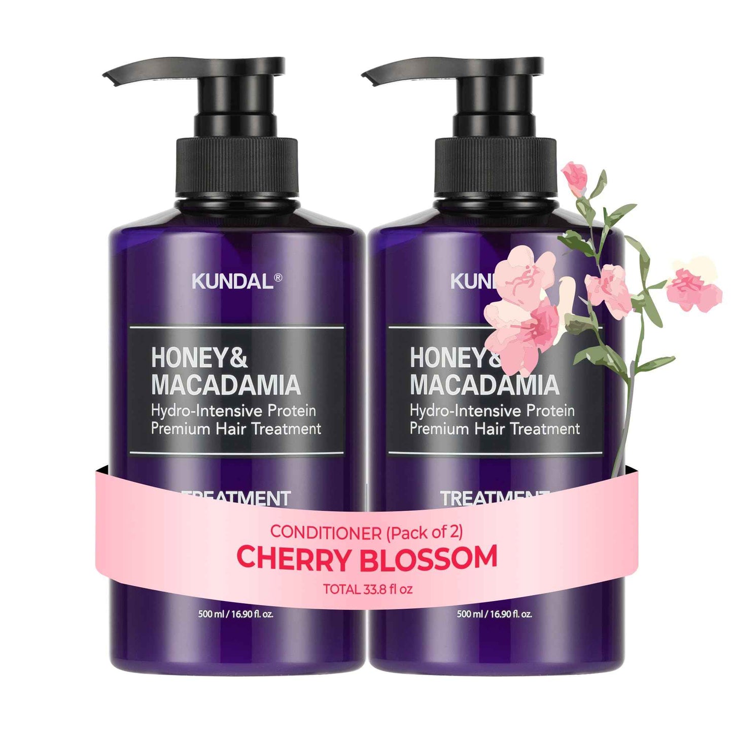 KUNDAL Honey & Macadamia Natural Conditioner Korean Hair Care Damage Repair, Deep Hydration, Long Lasting Fragrance, with Honey, Argan Oil, Macadamia Oil 16.9fl oz (Pack of 2) (Cherry Blossom)