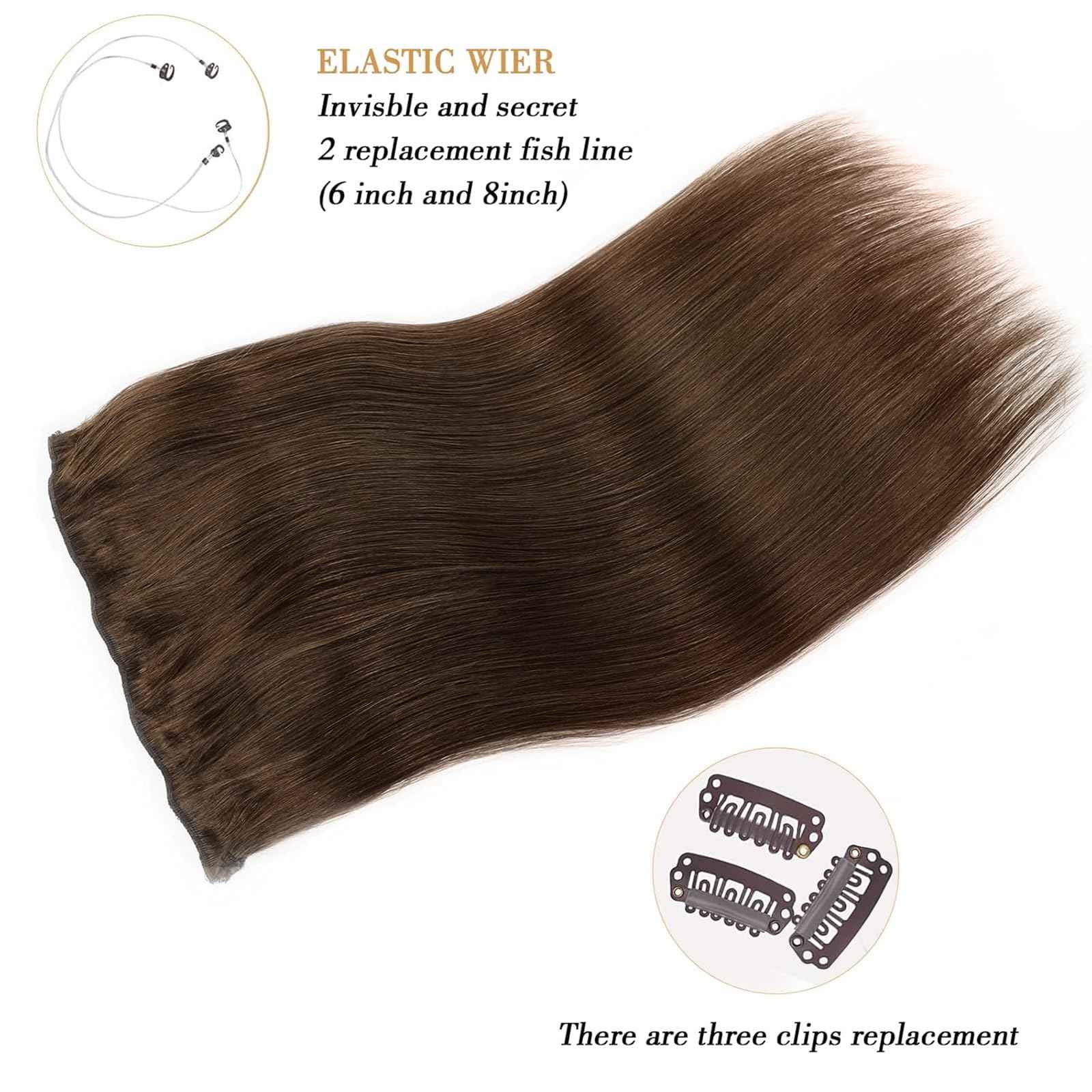 Tinashe Wire Hair Extensions Real Human Hair Medium Brown Straight Hair Extensions 12inch 70g Invisible Wire Fish Line Straight Human Hair Extension (12 inch, #4)