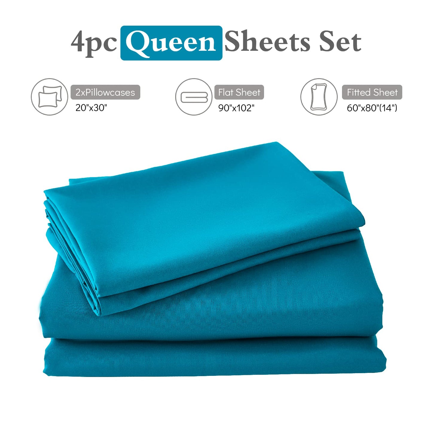 ILAVANDE Teal Queen Sheets Set, 4 Piece Hotel Luxury Super Soft 1800 Series Microfiber Queen Bed Sheets Set-Wrinkle Free & Breathable-14 Deep Pocket Teal Sheets for Queen Size Bed(Queen,Teal)