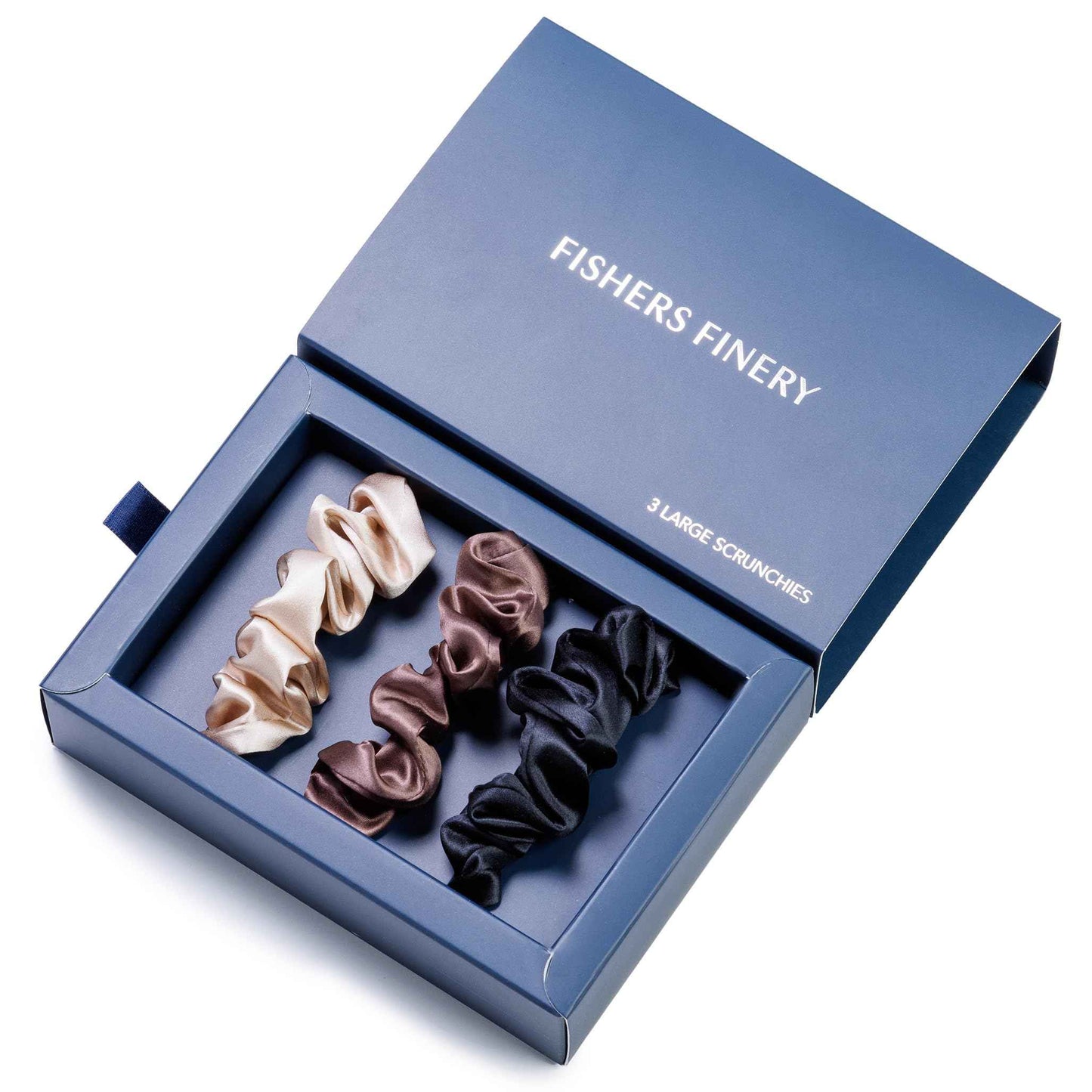 Fishers Finery 25 Momme Pure Mulberry Silk Large Scrunchies - Hair Tie Set, Gentle and Prevents Breakage (Taupe|Chocolate|Black- 3 PK)