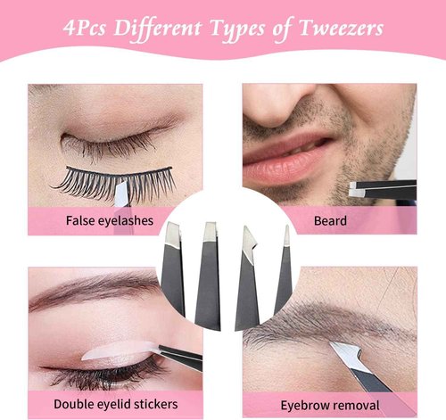LuckyOpt 4pcs Precision Tweezers Set, 430 Stainless Steel Tweezers with PU Leather Storage Bag, Slant Flat Eye Brow Tweezers for Women Facial Hair, Eyelash Extension, Eyebrow Plucker (Pink)