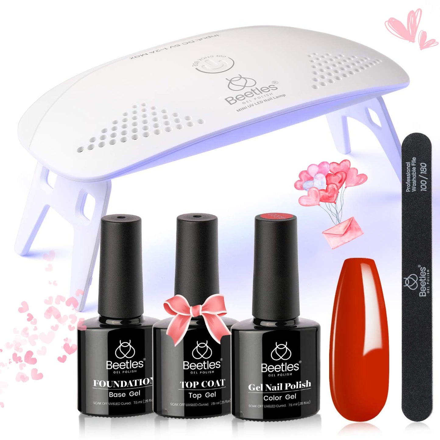 Beetles Red Gel Nail Polish Kit with UV LED Light and Base Gel Top Coat Starter Kit Soak Off Red Gel Polish Set with Lamp Nail File for DIY Home Nails Perfect for the 4th of July Women Manicure