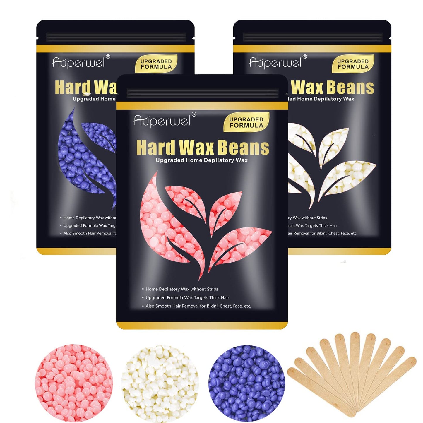 Wax Beads for Hair Removal, 10.5oz Upgraded Formula Painless Hard Wax Beans Waxing Beads for Face, Eyebrow Brazilian Bikini Refill 3 Packs with 10pcs Applicators