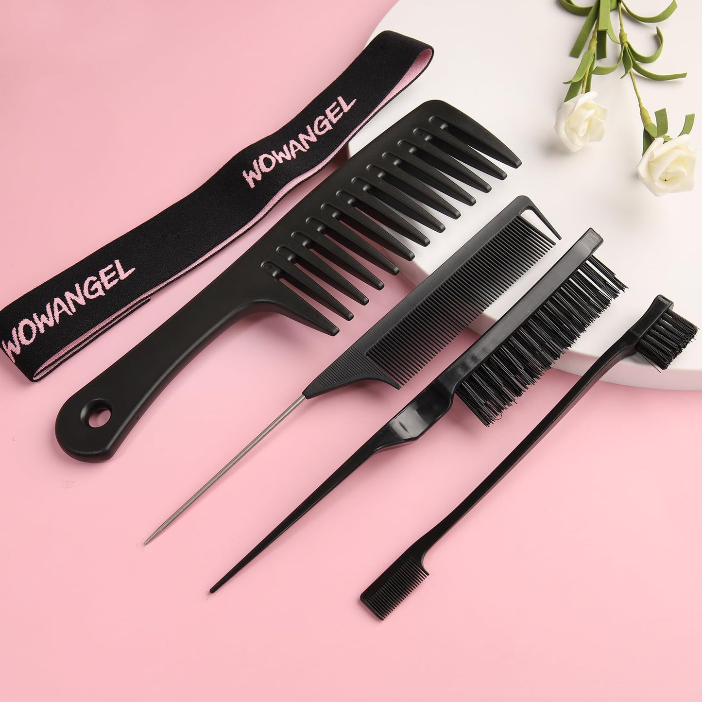 WOWANGEL 7PCS Hair Styling Brush Set with Edge Brush, Bristle Hair Brush, Rat Tail Comb, Wide Tooth Comb, Elastic Band, SKINLIKE Real HD Cap, Hair Comb Set for Slick Baby Hair, and Flyaways Black