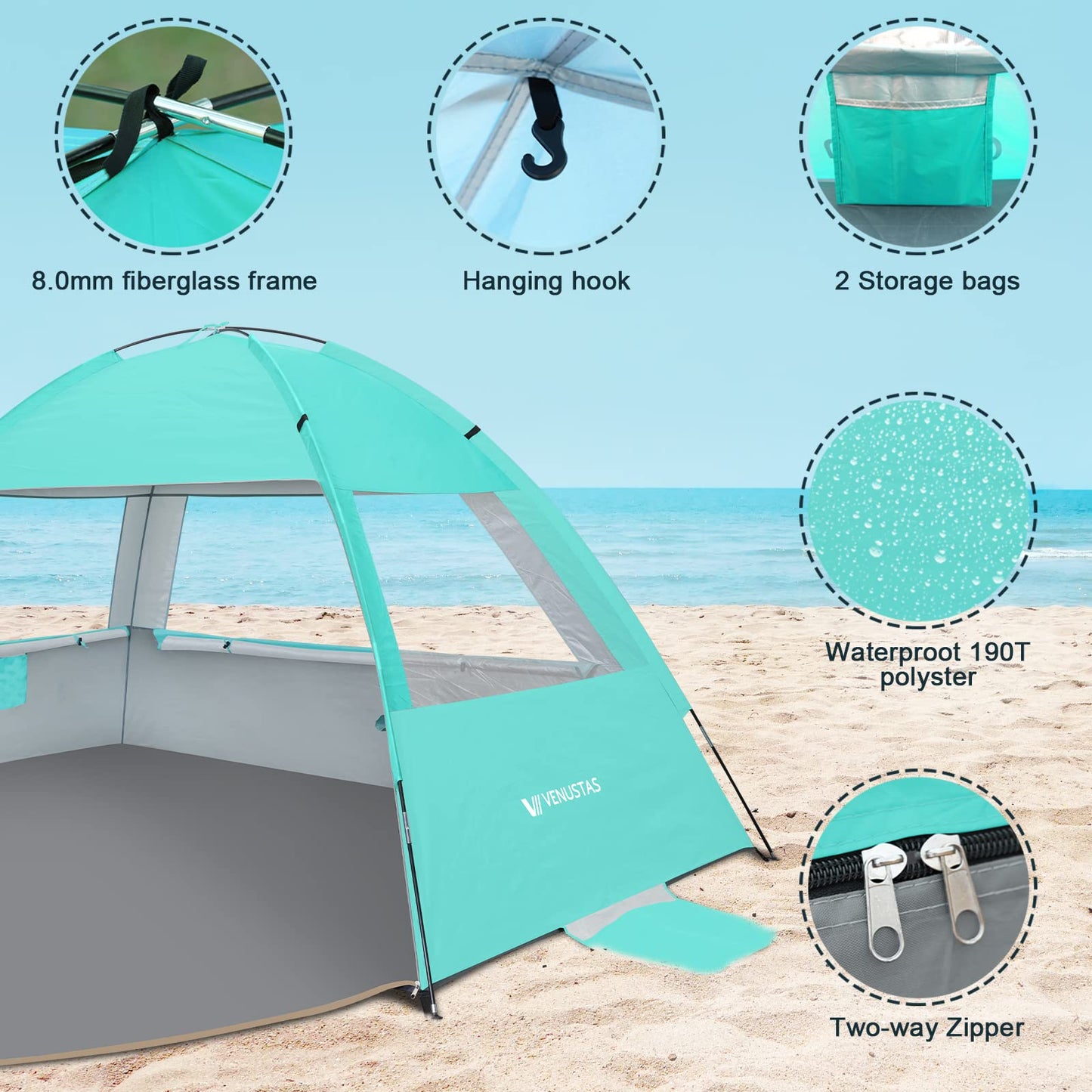 Venustas Beach Tent Sun Shelter for 3/4-5/6-7/8-10 Person, UPF 50+ UV Protection Beach Canopy, Lightweight and Easy Setup Cabana, Portable Beach Shade Tent