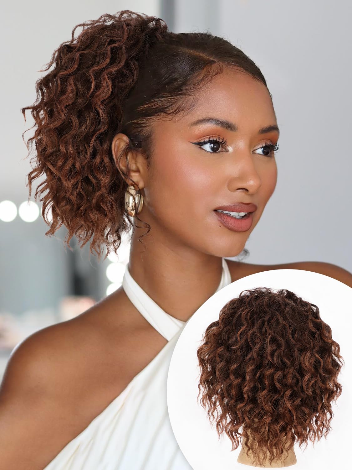 ALXNAN Wavy Curly Ponytail Extension, 8" Ombre Auburn Drawstring Ponytail for Black Women Short Soft Natural Synthetic Hairpiece Thick For Daily Use