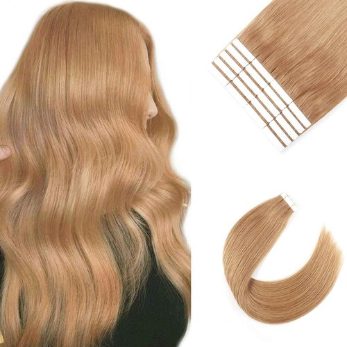 Sixstarhair Strawberry Blonde Tape in Hair Extensions Remy Human Hair Double Side Tape Attached Invisible Hair Extensions 20 Pieces [Color 27 Strawberry Blonde 16inch]