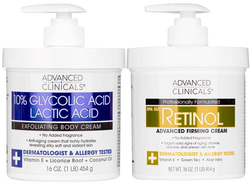 Advanced Clinicals 10% Glycolic Acid + Lactic Acid Exfoliating Body Cream + Retinol Firming Body Cream Set