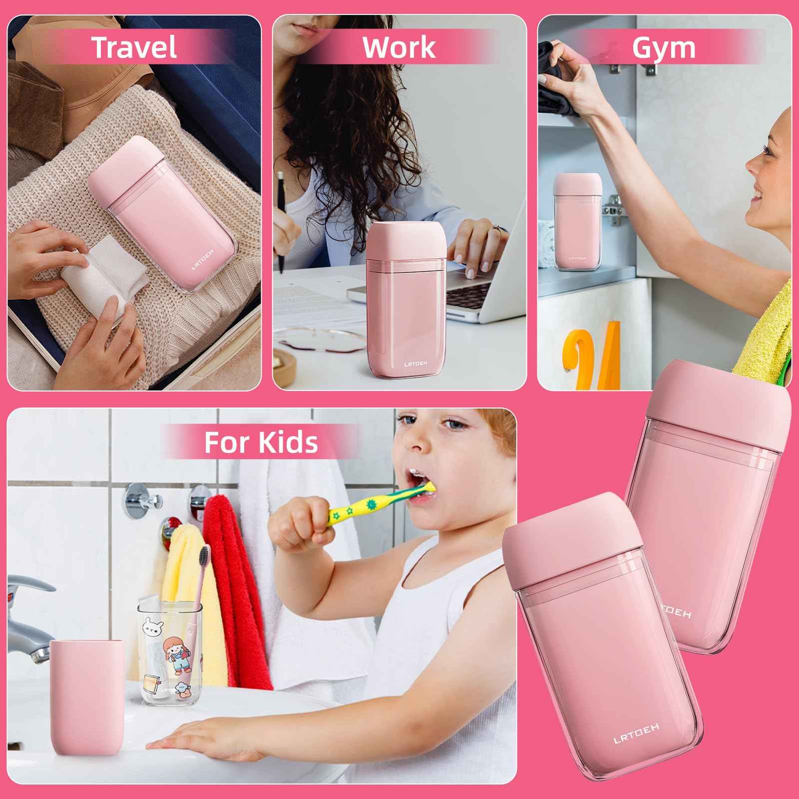 LRTOEH Travel Toothbrush Cup Set, Portable Travel Wash Cup with Foldable Toothbrush, Small Toothbrushes Case Holder with Cover, Lightweight Mini for Hiking, Business Trip (Pink)
