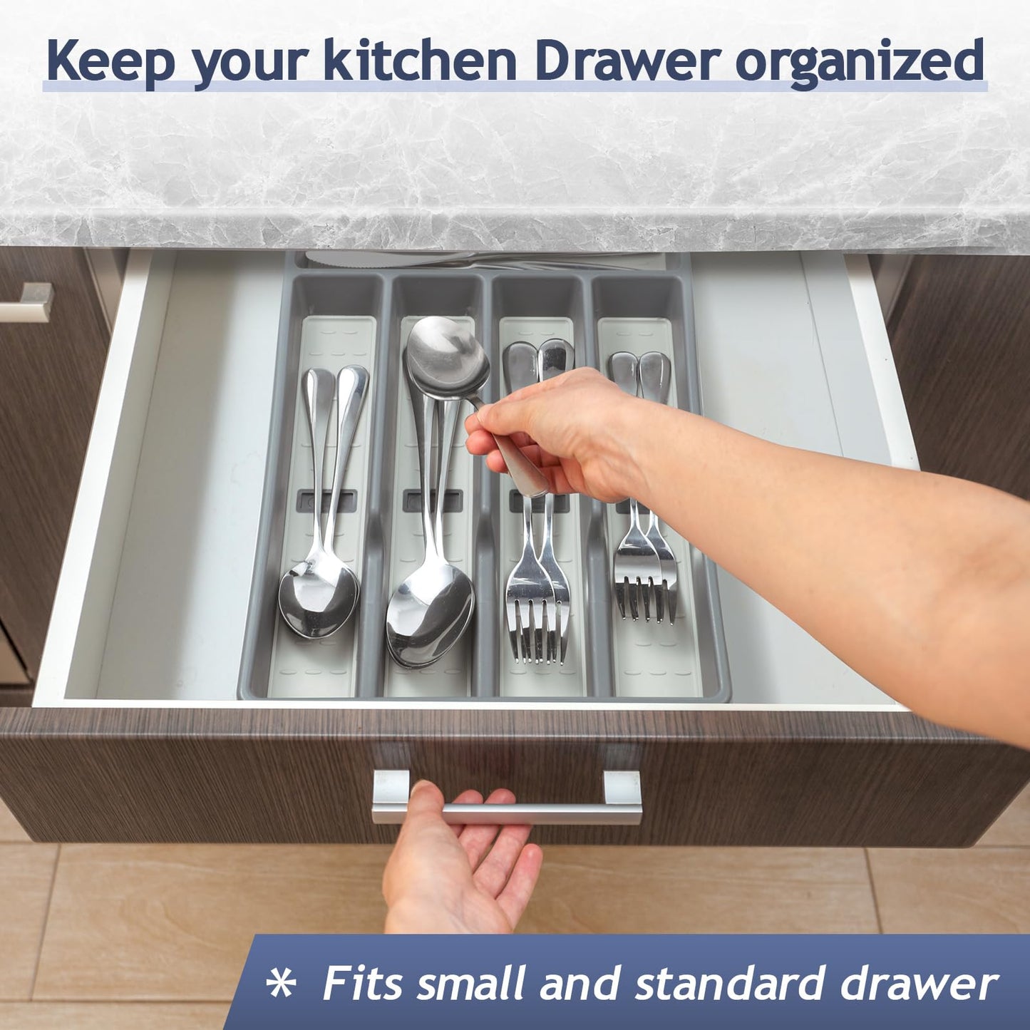 CherHome Silverware Organizer with Cutlery Icons，Silverware Tray for Kitchen Drawer，Plastic Flatware Tableware Silverware Drawer Organizer Utensil Organizer with Non-slip TPR Linings，5-Compartment