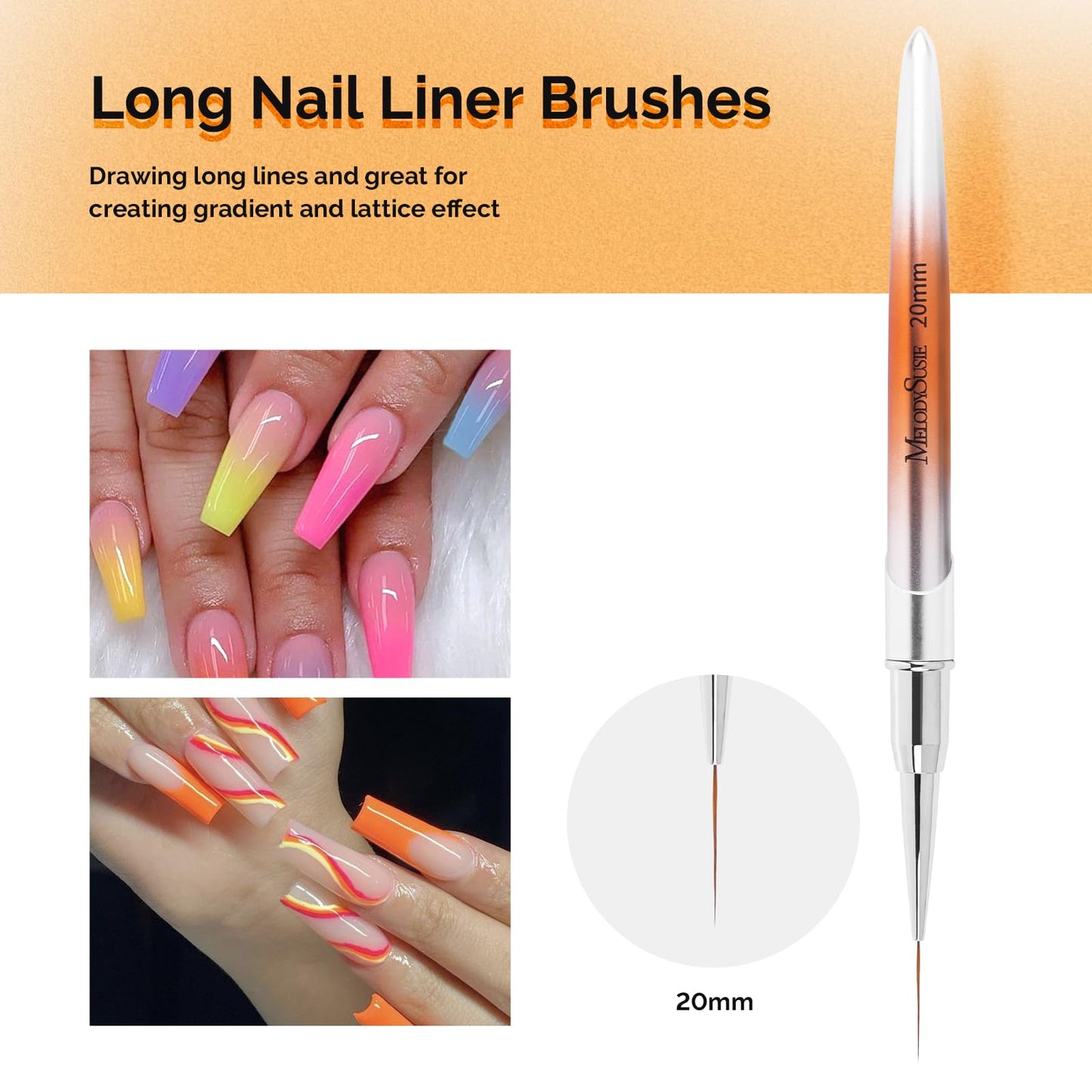 MelodySusie Nail Art Liner Brushes 5Pcs Professional Gel Polish Painting Art Design Pen Set for Thin Long Lines,Tiny Details,Fine Drawing,Delicate Coloring,Gradient Metal Handle -Sizes 5/7/9/11/20mm