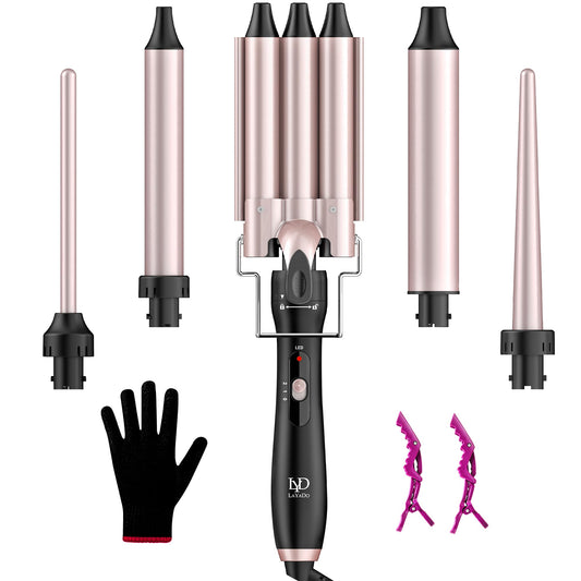 Waver Curling Iron Wand, LAYADO 5 in 1 Curling Iron Set, Curling Wand with 3 Barrel Curling Iron and 4 Interchangeable Ceramic Hair Wand 0.35"-1.25", Fast Heating Hair Curler in All Hair Type