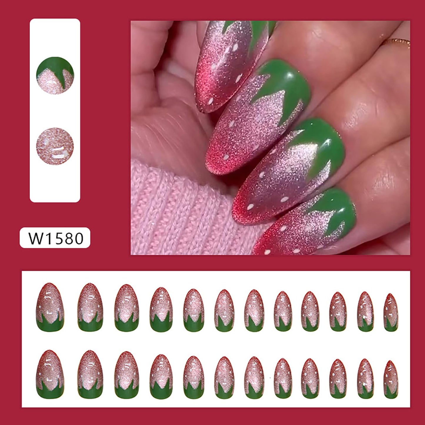 24 Pcs Almond Press on Nails Medium Fake Nails RIICFDD Cat Eyes False Nails with Strawberry Designs Fake Nails Artificial Glossy Acrylic Nail Glitter Pink Full Cover Cute Nails for Women