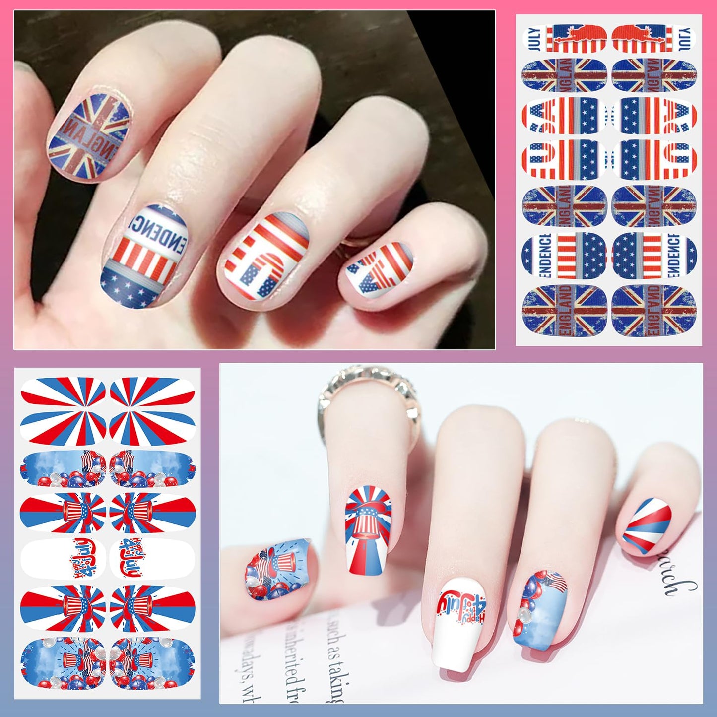 DANNEASY 8 Sheets 4th of July Independence Day Nail Wraps Nail Polish Stickers for Women Nail Polish Strips Self Adhesive Fingernail Stickers Stick on Nails with Nail File, Cuticle Stick