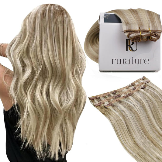 RUNATURE Clip in Hair Extensions Human Hair Highlight Brown with Blonde Human Hair Clip in Extensions for Women Double Weft Remy Hair Extensions Clip Ins 12 Inch 50g 3pcs