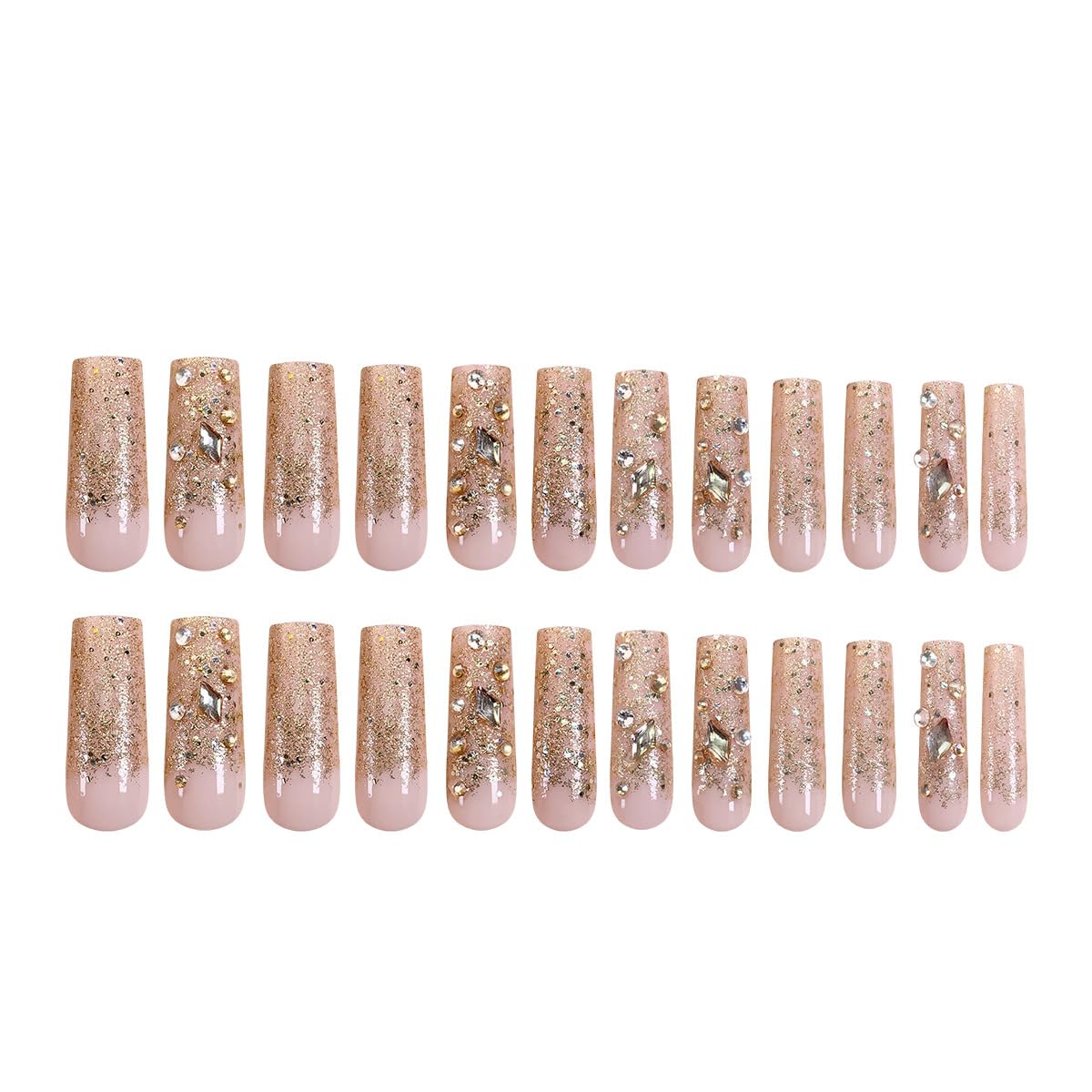 Long Coffin Press On Nails Rhinestone Fake Nails Glitter Nail Tips Shining Gold False Nails Long Square Acrylic Artificial Fingernails Full Cover Glue On Nails Stick On Nails for Women Girls 24pcs