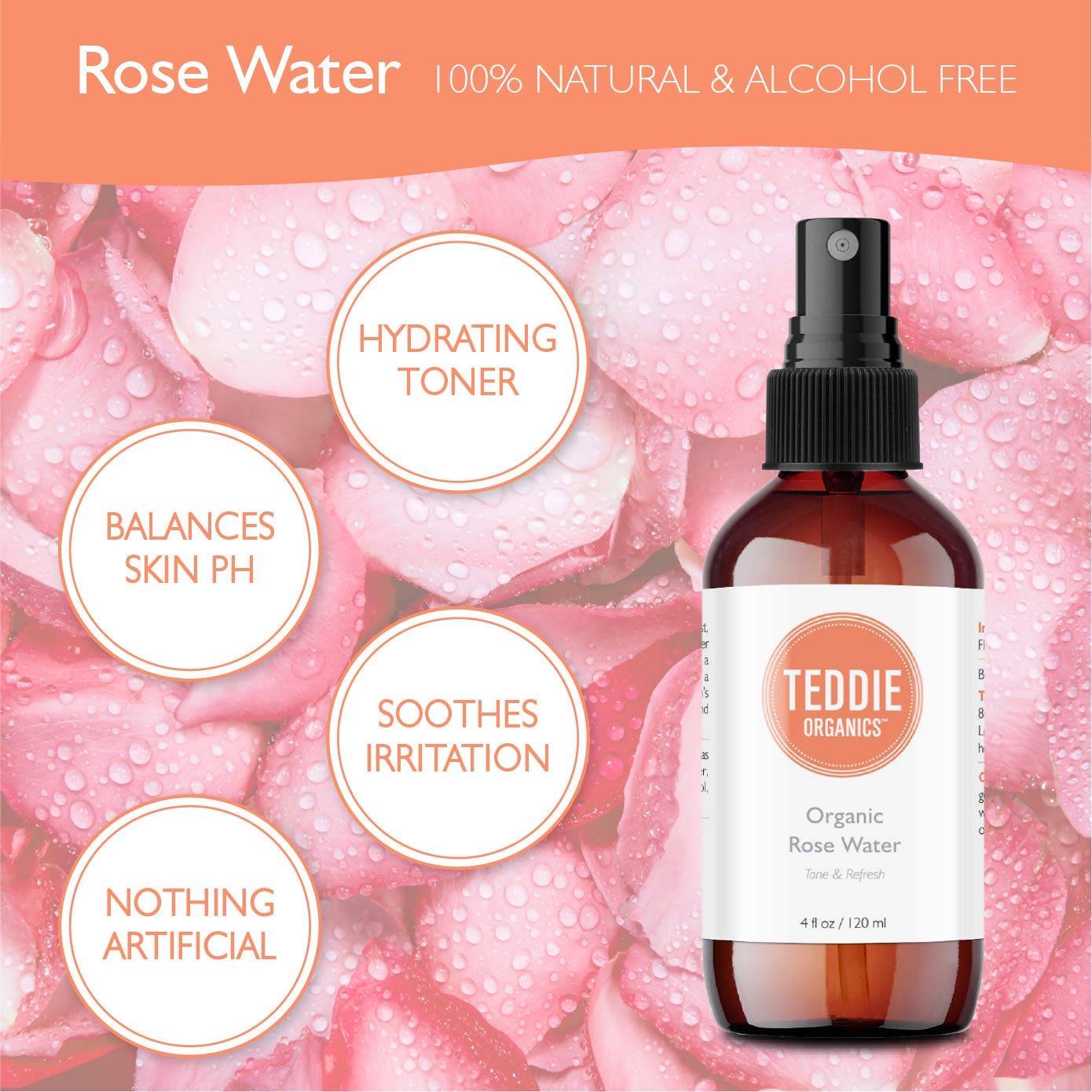 Teddie Organics Organic Rose Water Face Toner Alcohol Free 4oz