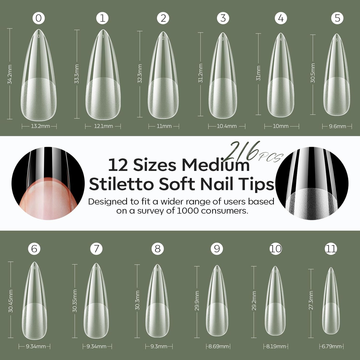 modelones Medium Stiletto Nail Tips, Pre-shaped Full Cover Fake Nails Soft Gel Acrylic Nail Tips Nail Extension False Gel x Nail Kit 216PCS 12Sizes