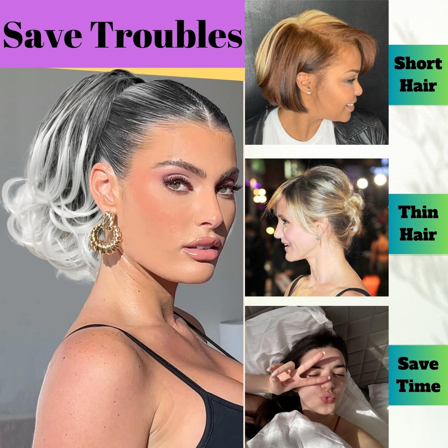 TSHELOVE Bun Hairpiece Fully Short Comb Clip Drawstring Ponytail Bun with Comb Clip Synthtic Chignon Updo Hair Bun for Women Daily Party Use (Black Mixed White and Gray)